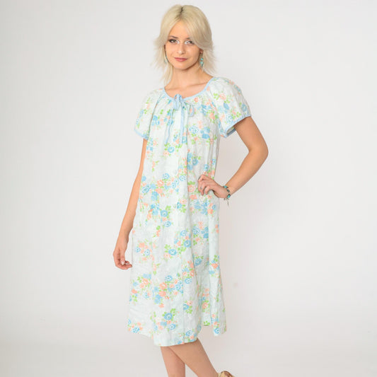 70s Floral Midi Lounge Dress Button-Up Short Sleeve Blue Peach Print Medium M