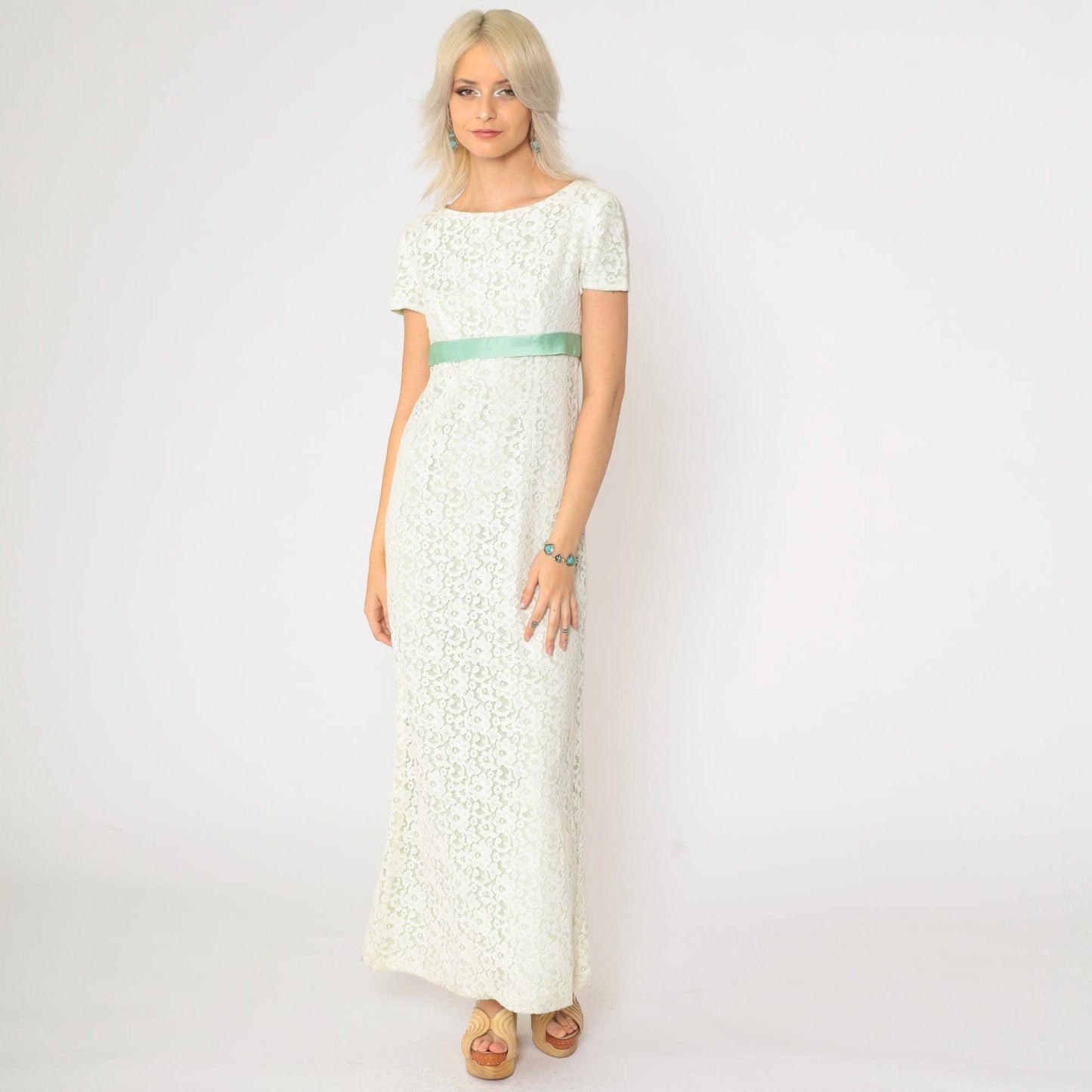 60s White Lace Maxi Dress Empire Waist Green Ribbon Short Sleeve Extra Small XS