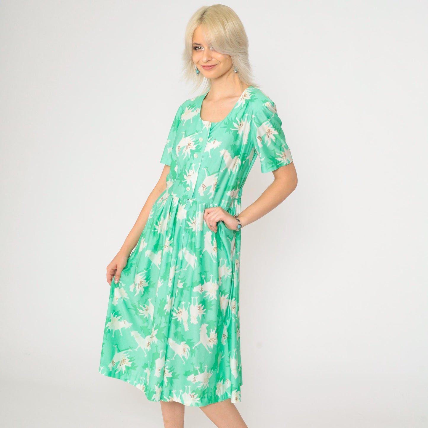 70s Abstract Chicken Print Midi Jumpsuit Green Button-Up Shirtdress Medium