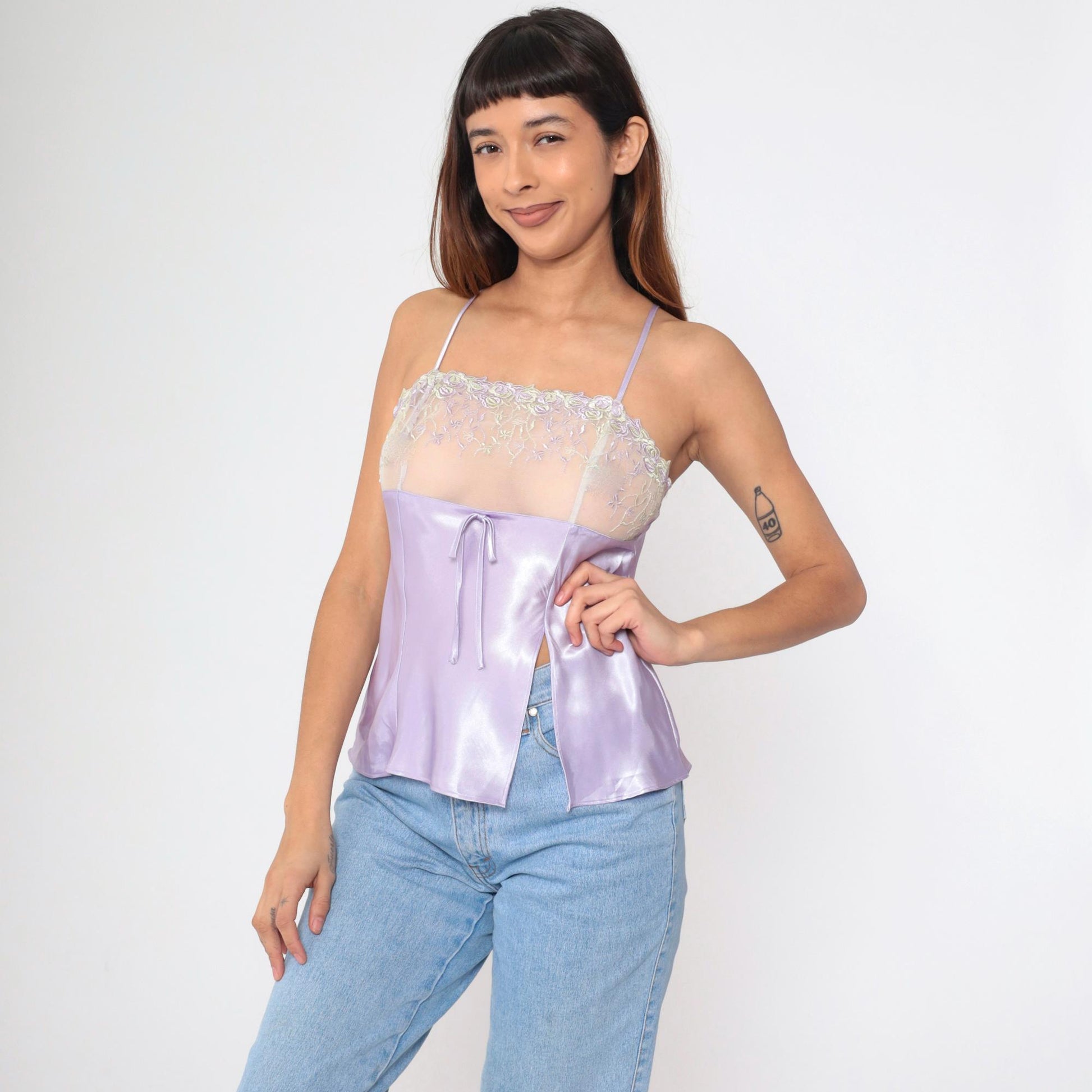 90s Lavender Satin Camisole Floral Embroidered Mesh Spaghetti Strap Medium