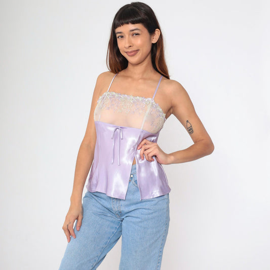 90s Lavender Satin Camisole Floral Embroidered Mesh Spaghetti Strap Medium