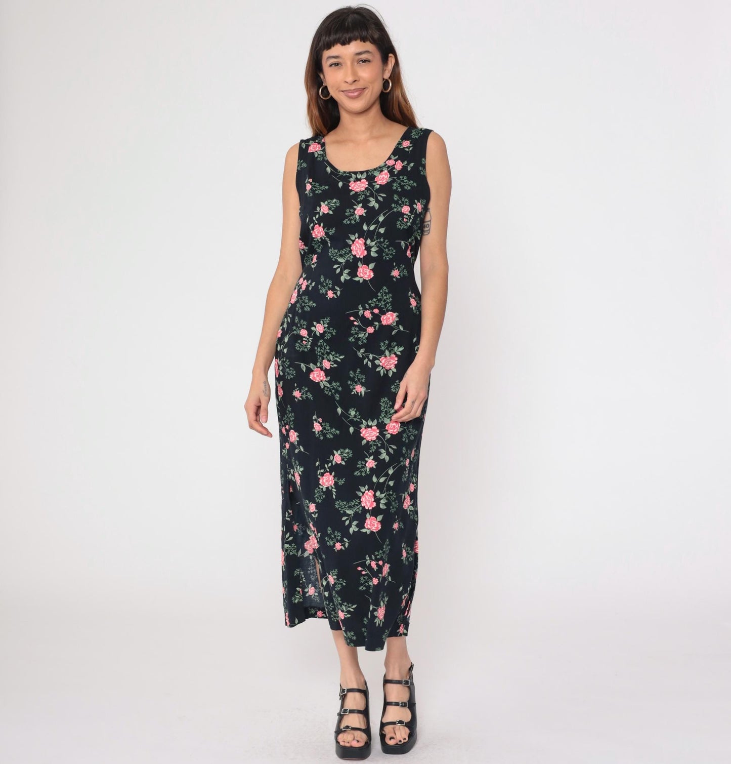 90s Kathie Lee Black Floral Midi Dress Pink Flower Print Sleeveless Medium