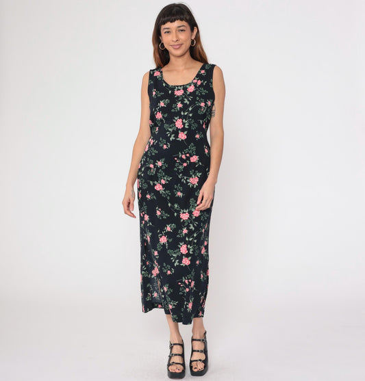 90s Kathie Lee Black Floral Midi Dress Pink Flower Print Sleeveless Medium