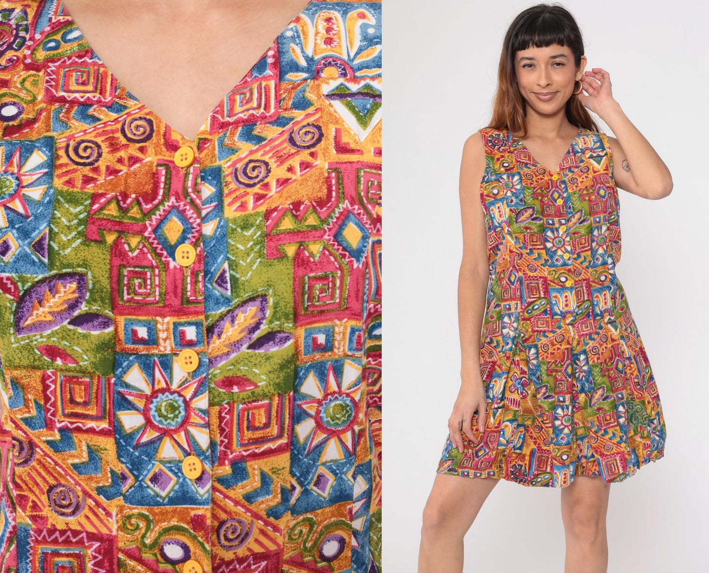 90s Geometric Floral Romper Playsuit Button-Up Sleeveless Wide Leg Extra Large XXL