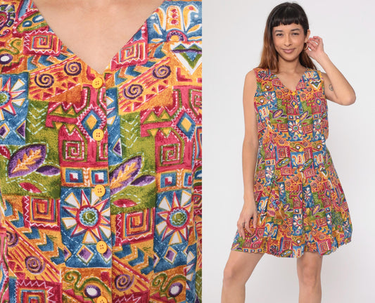 90s Geometric Floral Romper Playsuit Button-Up Sleeveless Wide Leg Extra Large XXL