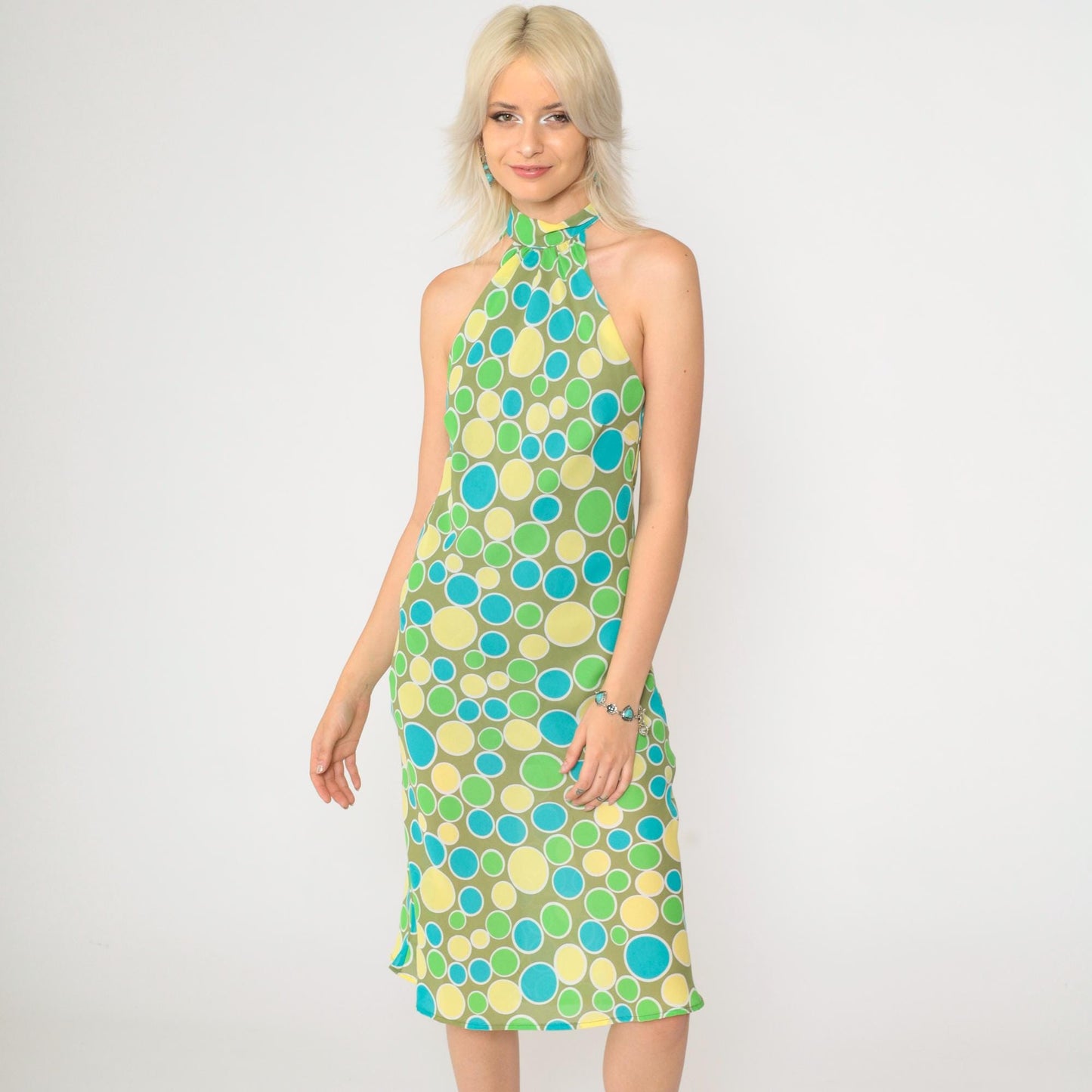 Y2K Halter Midi Dress Olive Green Polka Dot Sleeveless Keyhole Medium