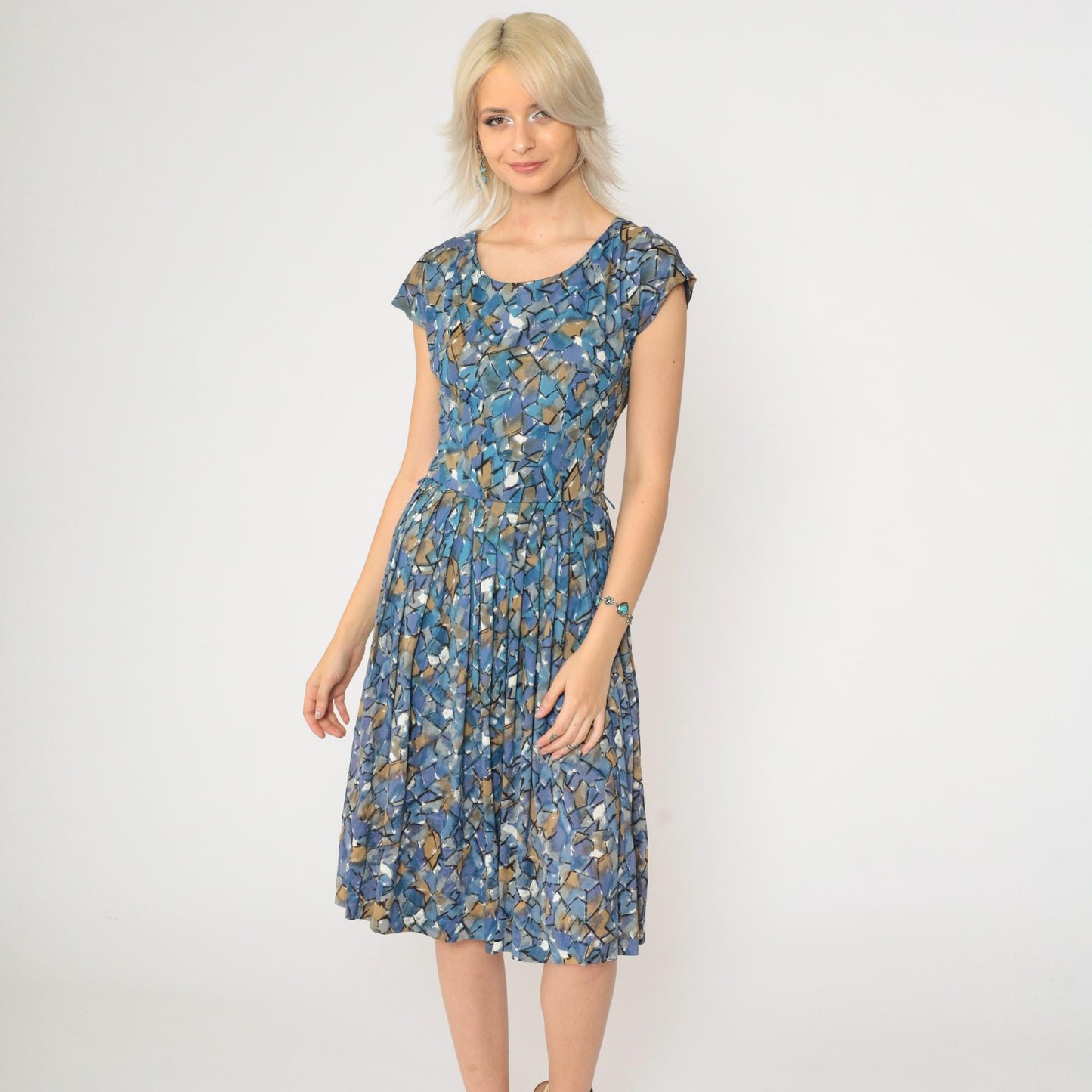60s Sears Abstract Mosaic Midi Dress High Waisted Pleated Blue Geometric Small