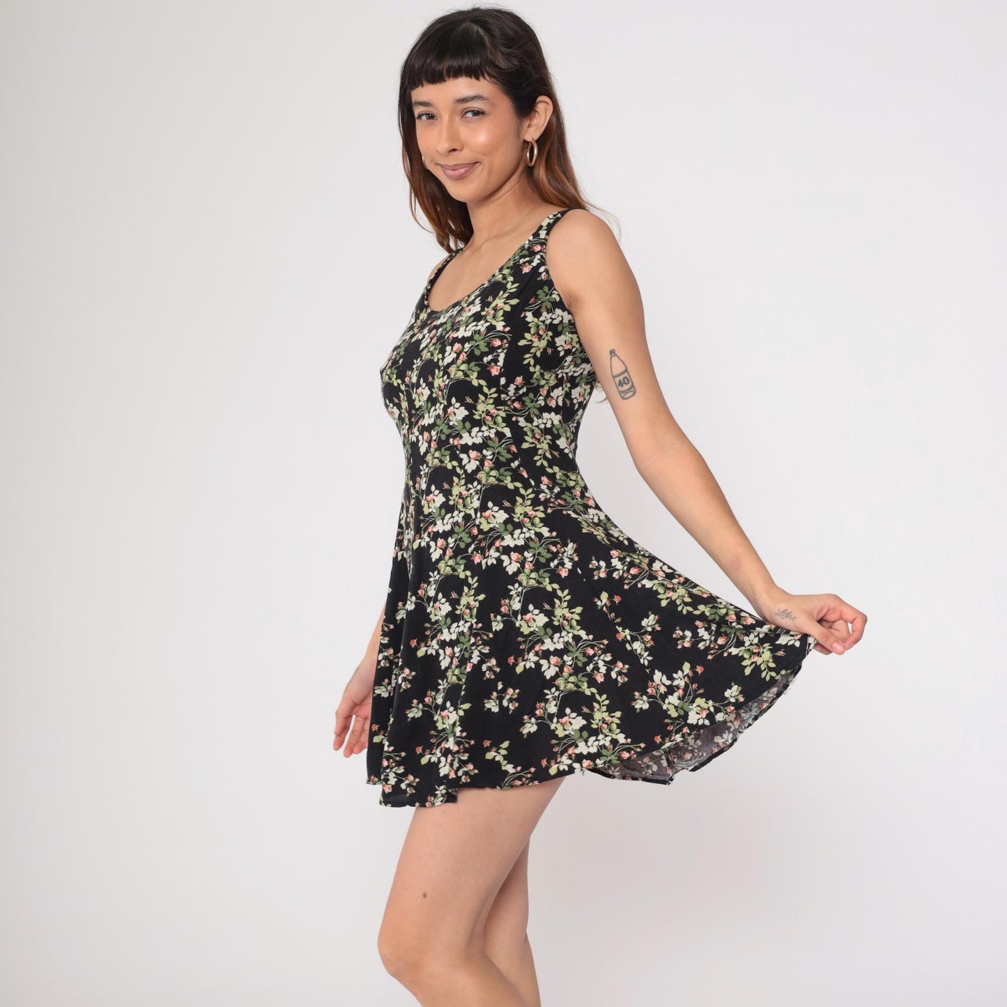 90s Black Floral Mini Dress Sleeveless A-Line Rayon Sundress Small