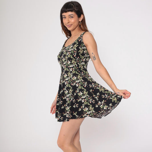 90s Black Floral Mini Dress Sleeveless A-Line Rayon Sundress Small