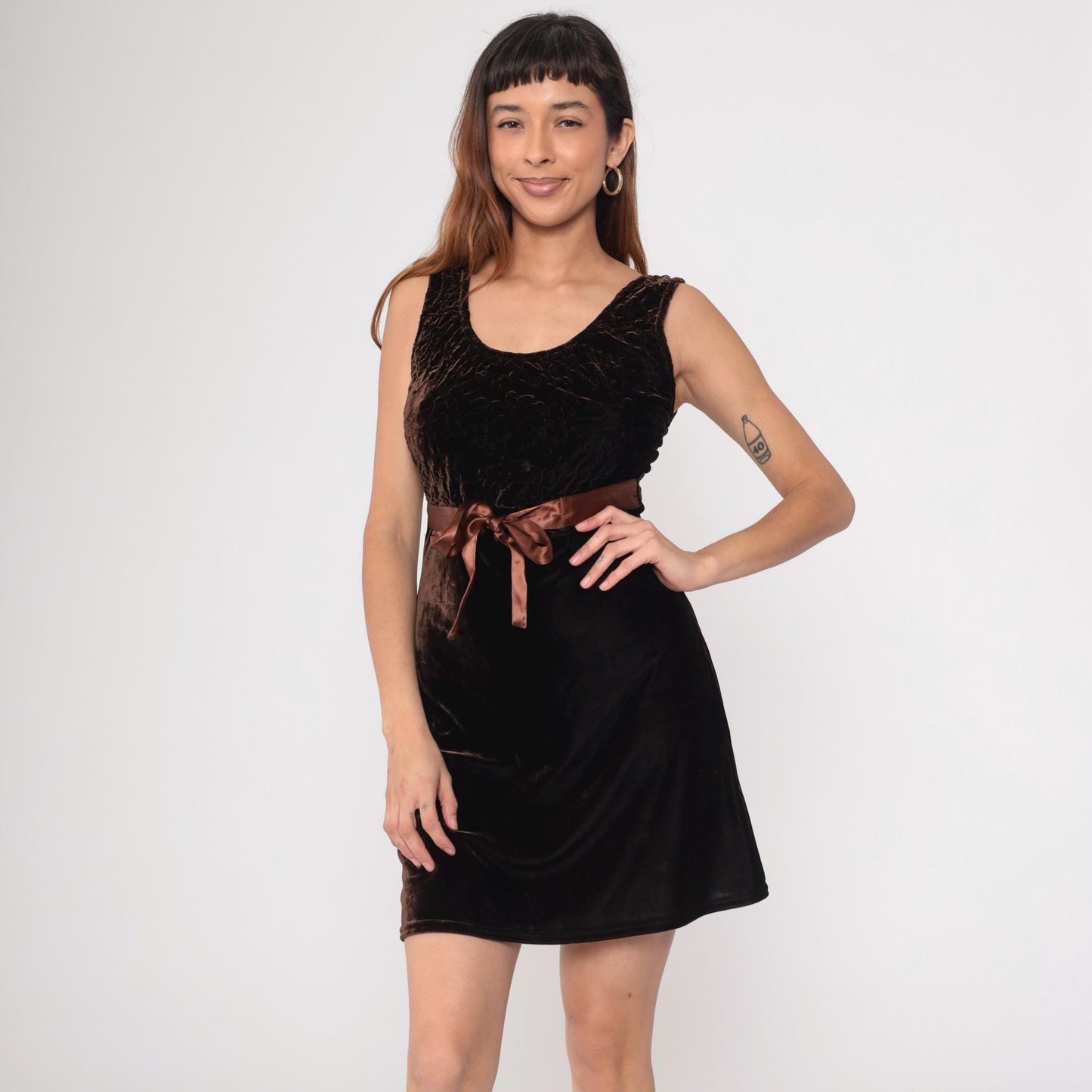 90s Brown Velvet Mini Dress Embroidered Ribbon Bow Sleeveless Medium