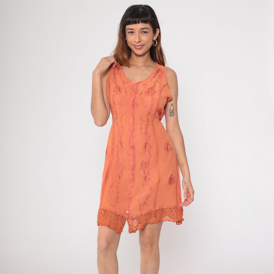 90s Kaaku Orange Paisley Embroidered Mini Dress Button Front Small Medium