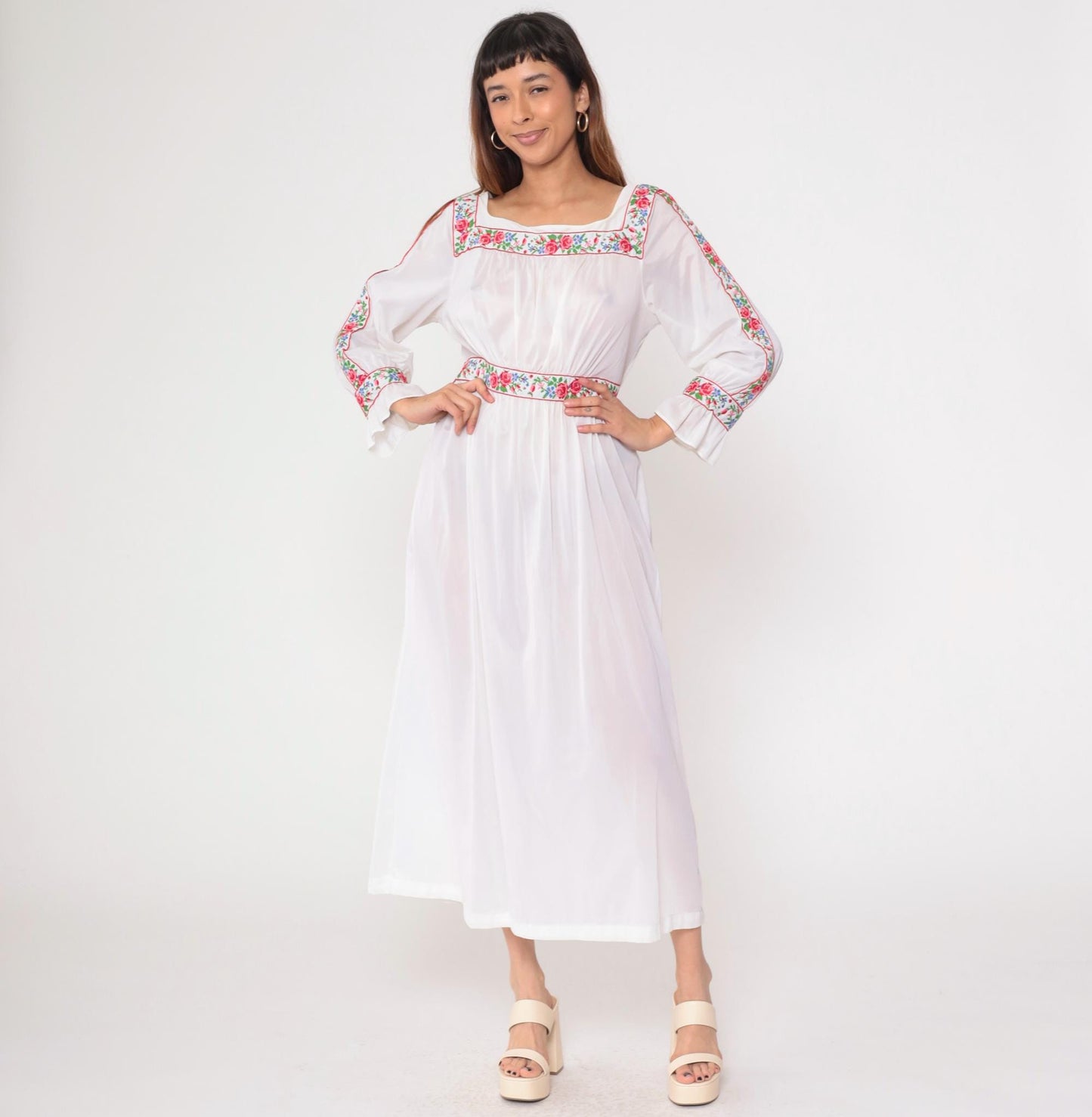 70s Sears Sheer White Floral Embroidered Maxi Nightgown High Waist Large