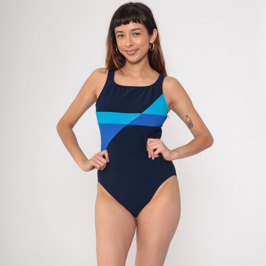 90s Mainstream Colour Block One-Piece Swimsuit Navy Blue Striped Small