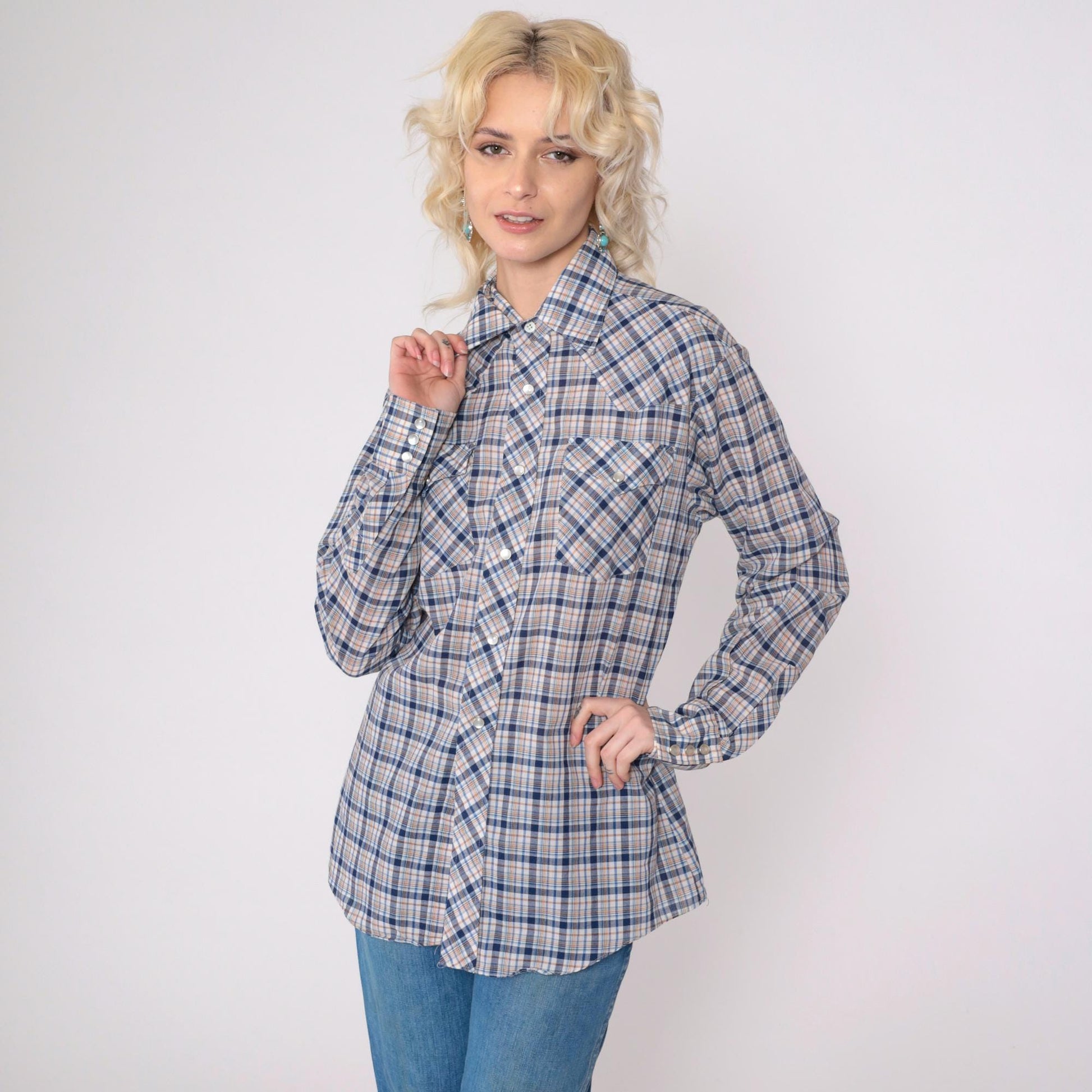 80s Saturdays in California Western Shirt Plaid Pearl Snap Blue White Medium