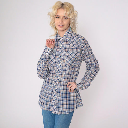80s Saturdays in California Western Shirt Plaid Pearl Snap Blue White Medium