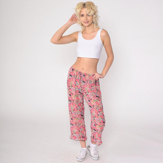 90s Sheer Floral Pink Cropped Trousers Ruffled Hem Drawstring Small