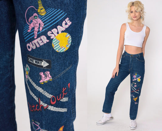 90s Astronaut Roller Skate Graphic High-Waist Jeans Dark Blue Denim Extra Small
