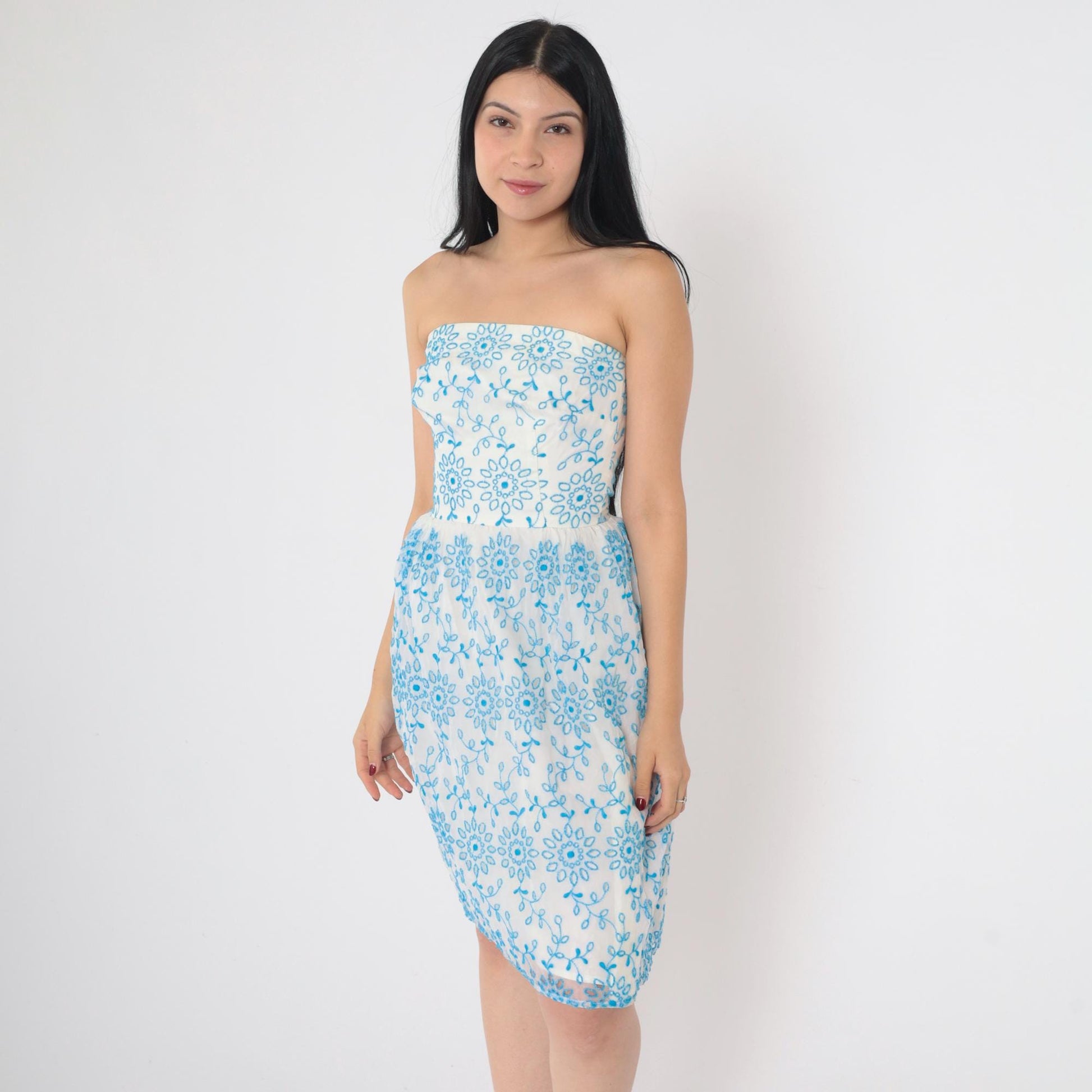 60s Strapless Dress Blue Floral Embroidered White Knee-Length XXS
