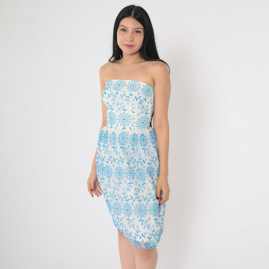 60s Strapless Dress Blue Floral Embroidered White Knee-Length XXS