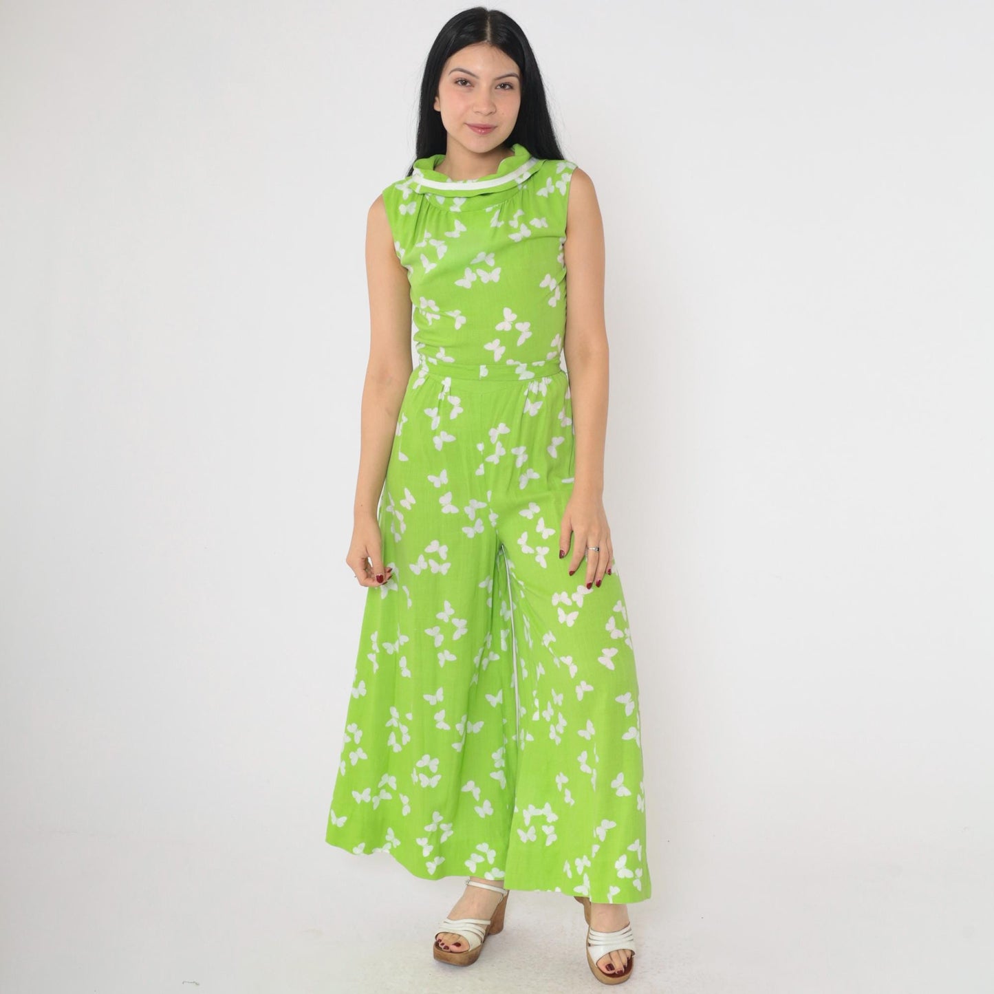 70s Butterfly Jumpsuit Wide Leg Sleeveless Mock Neck Green Small