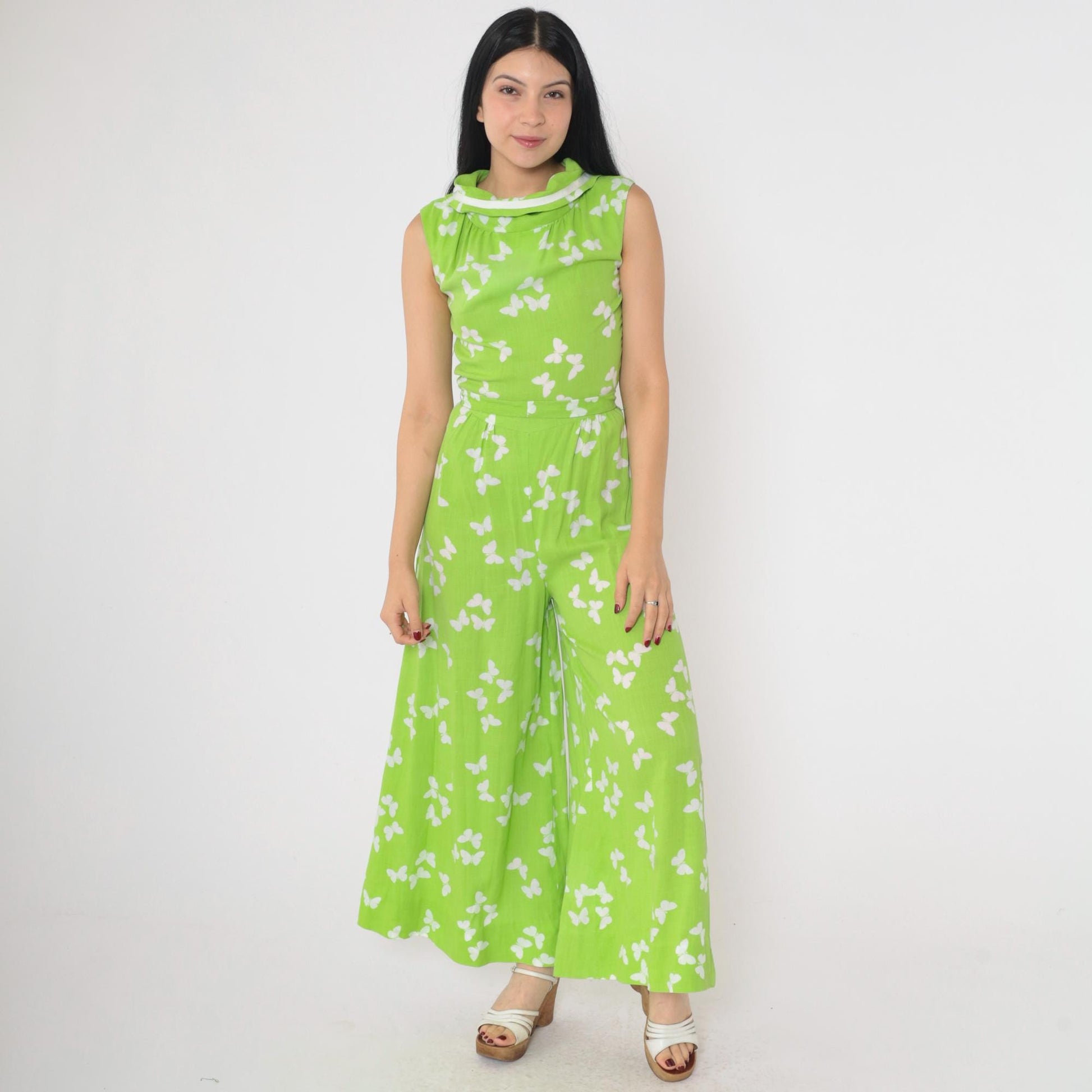 70s Butterfly Jumpsuit Wide Leg Sleeveless Mock Neck Green Small