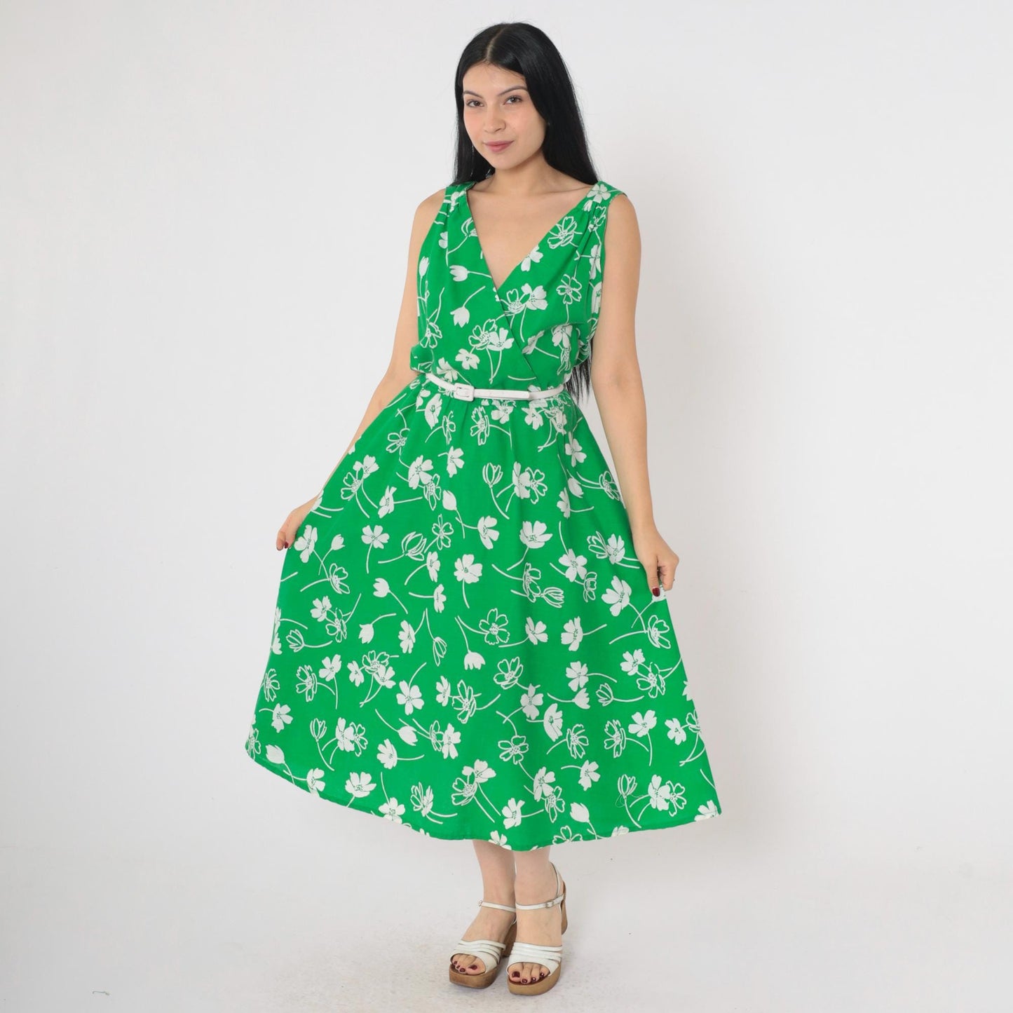 70s Green Floral Midi Wrap Dress Sleeveless High Waist White Belt Large
