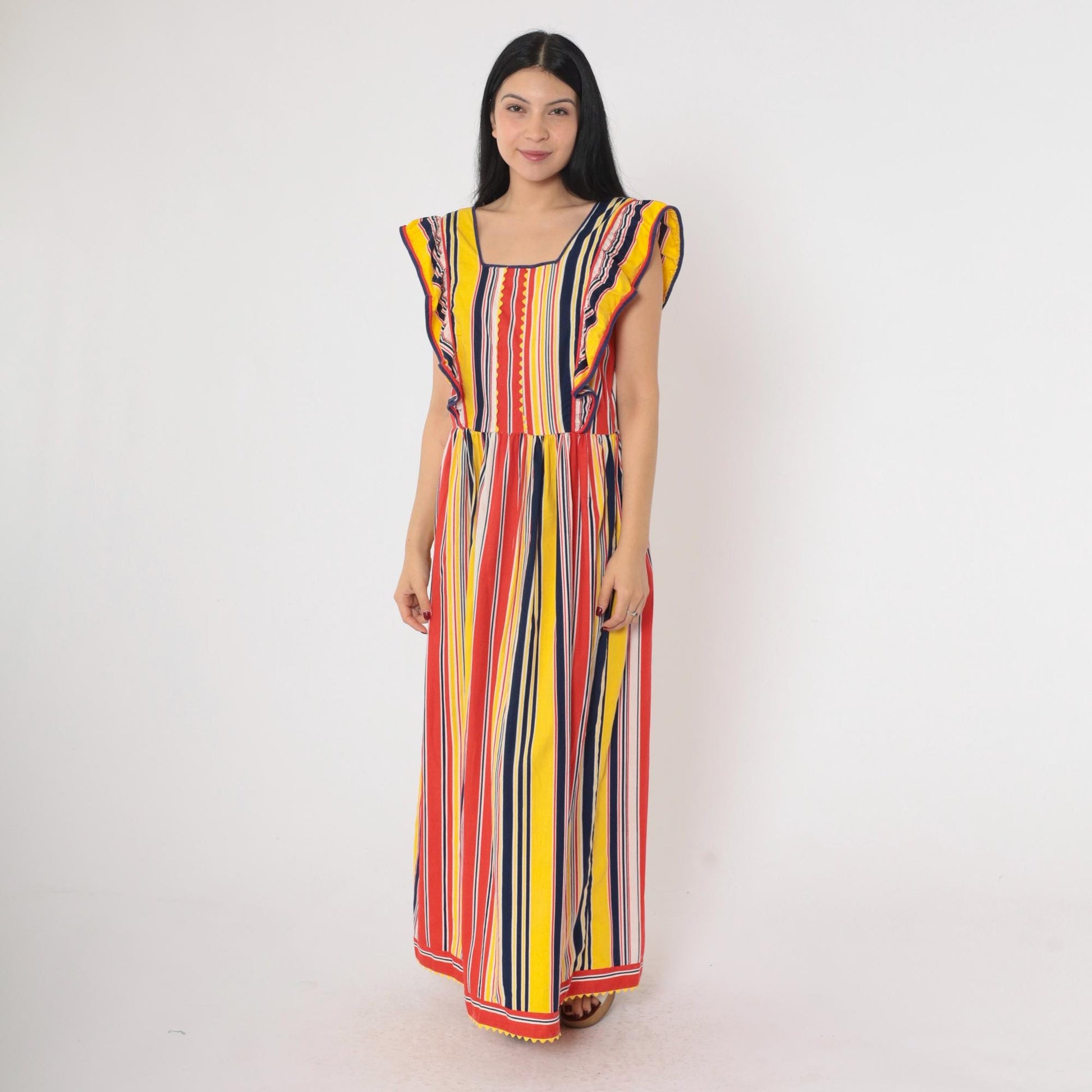70s Striped Maxi Dress High Waist Ruffled Flutter Sleeve Red Yellow Navy Small Medium