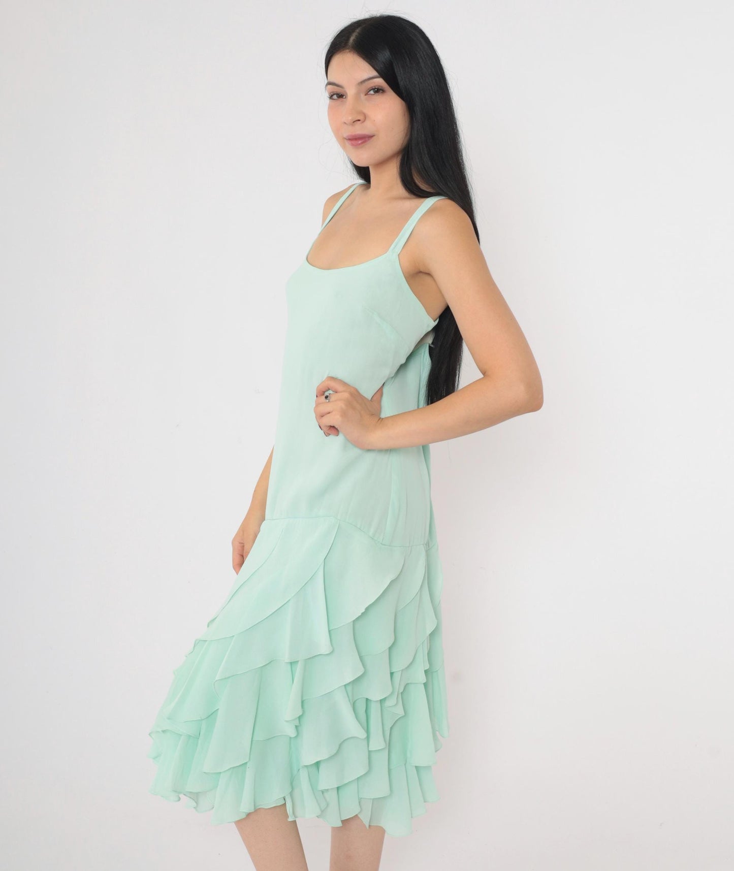 1970s Mint Green Midi Dress Spaghetti Straps Tiered Ruffle Hem Large