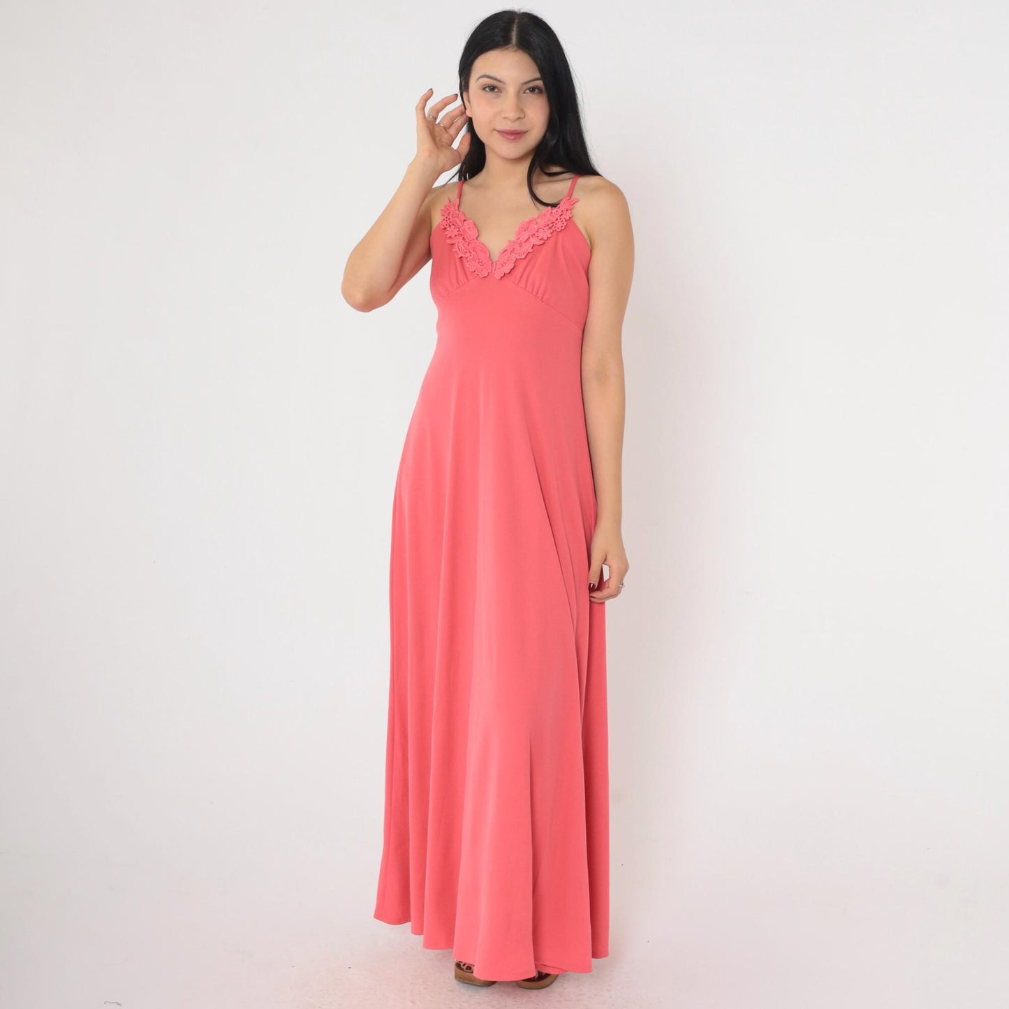 70s Coral Pink Grecian Maxi Dress Empire Waist Floral Lace Spaghetti Strap Extra Small