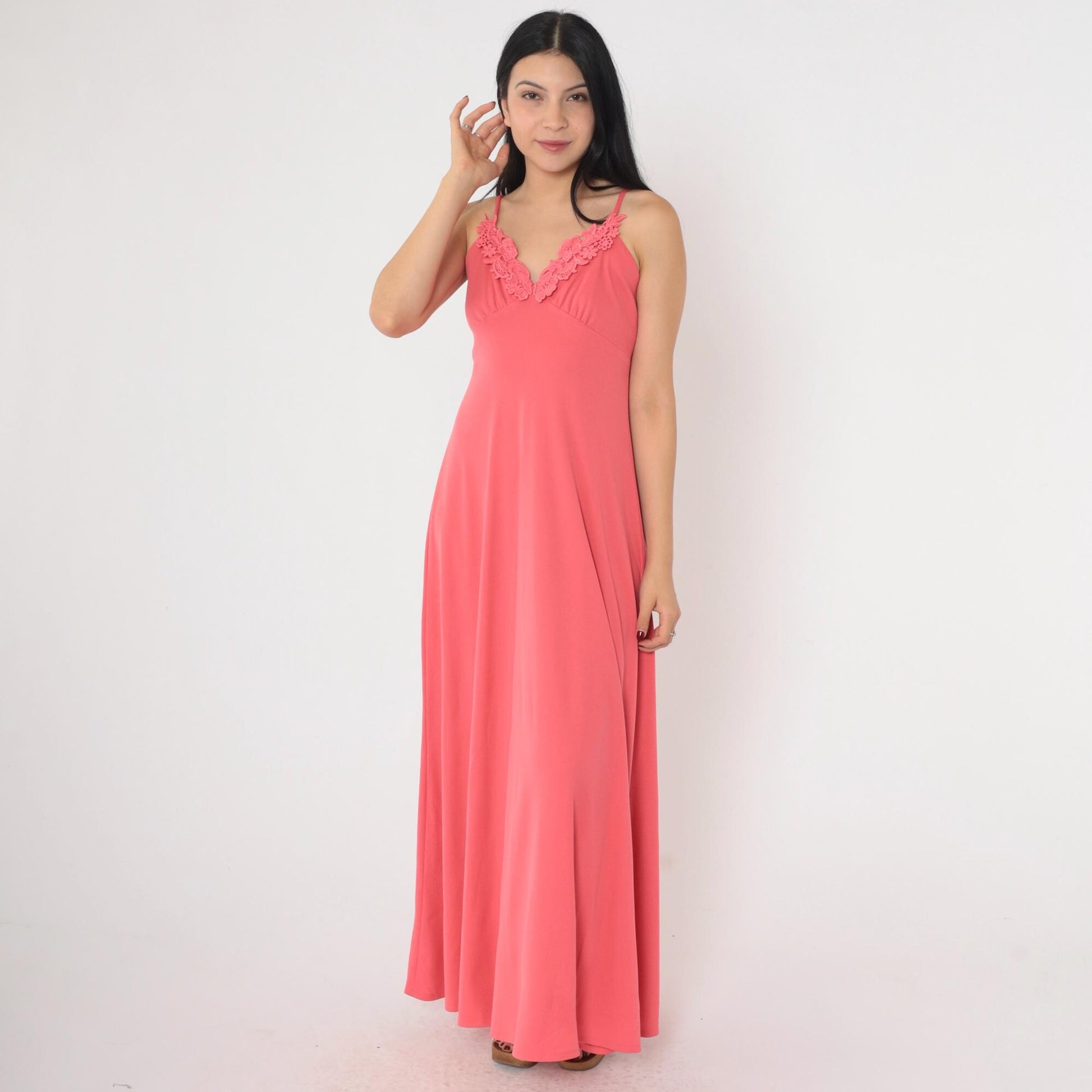 70s Coral Pink Grecian Maxi Dress Empire Waist Floral Lace Spaghetti Strap Extra Small