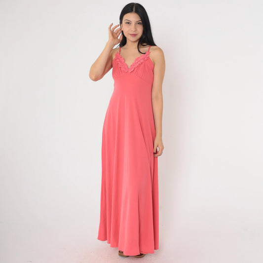 70s Coral Pink Grecian Maxi Dress Empire Waist Floral Lace Spaghetti Strap Extra Small