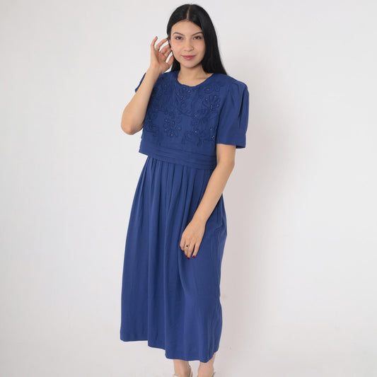 90s Karin Stevens Indigo Beaded Midi Dress Puff Sleeve High Waist Medium