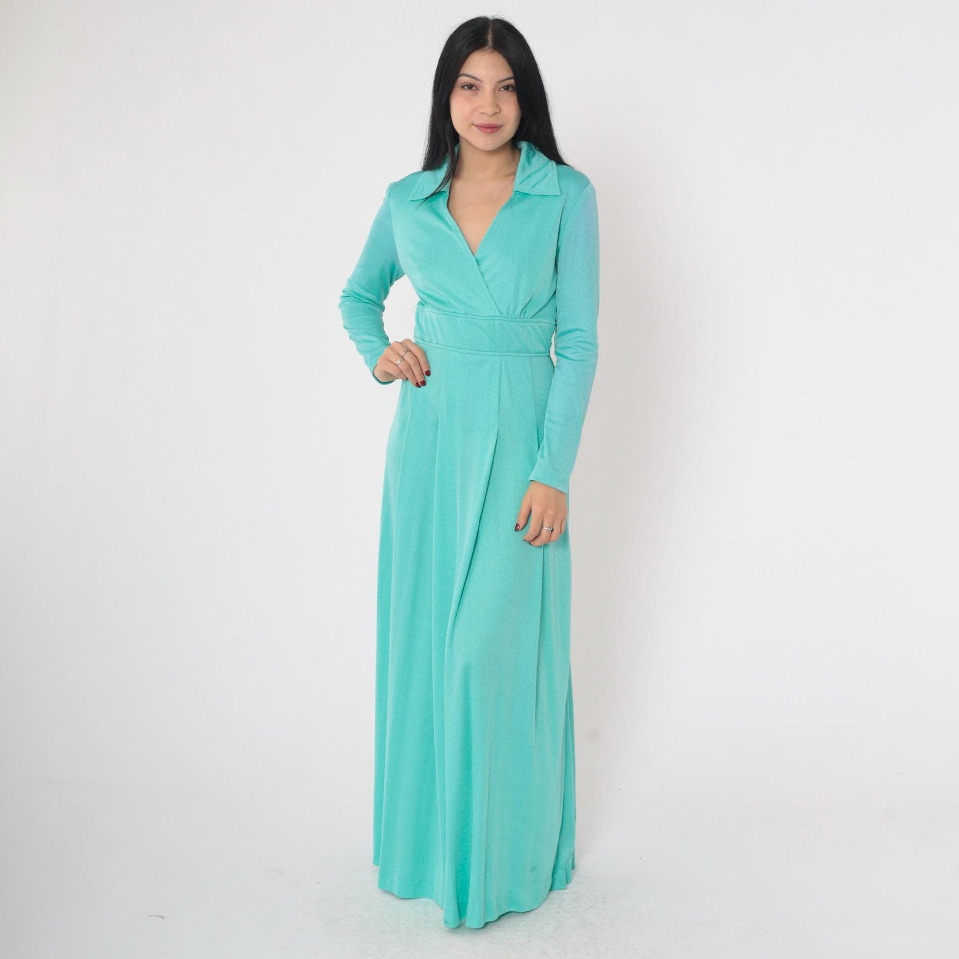 70s Turquoise Maxi Dress Plunge V-Neck Long Sleeve Belted Waist Small