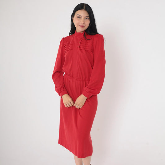 80s Red Button-Up Midi Dress High Neck Puff Sleeve Pleated Small