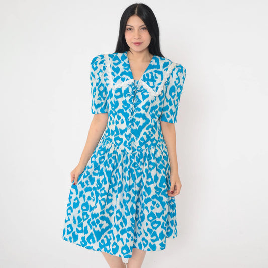 80s Blue Leopard Print Fit and Flare Midi Dress Sailor Collar Puff Sleeve Medium