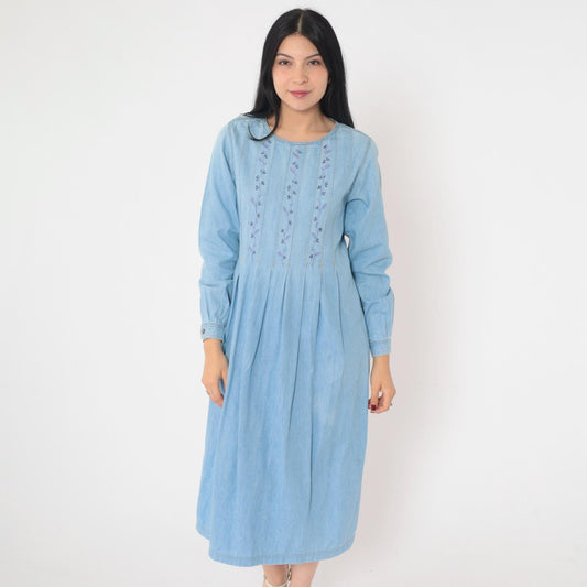 90s Lizwear Floral Embroidered Denim Midi Dress High Waist Pleated Small
