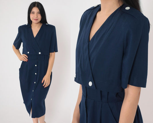 90s Navy Midi Shirt Dress High Waist Epaulette Button Up Medium