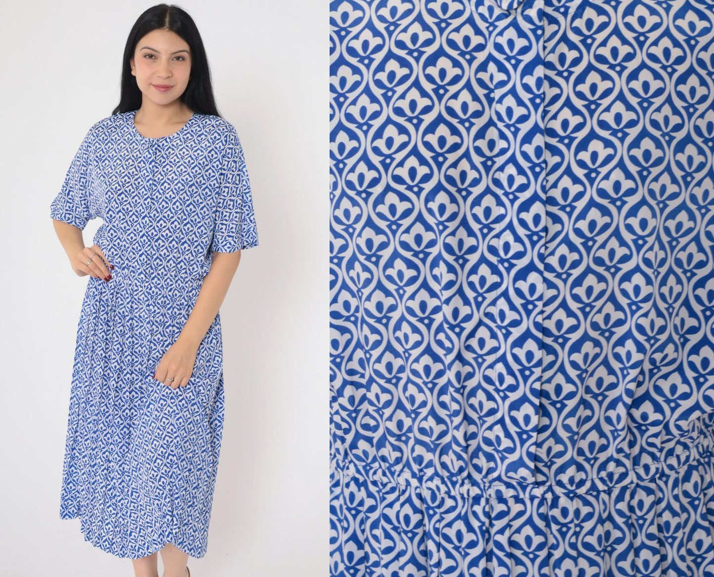 90s Talbots Petites Button-Up Shirtdress Blue Geometric Pleated Midi Small