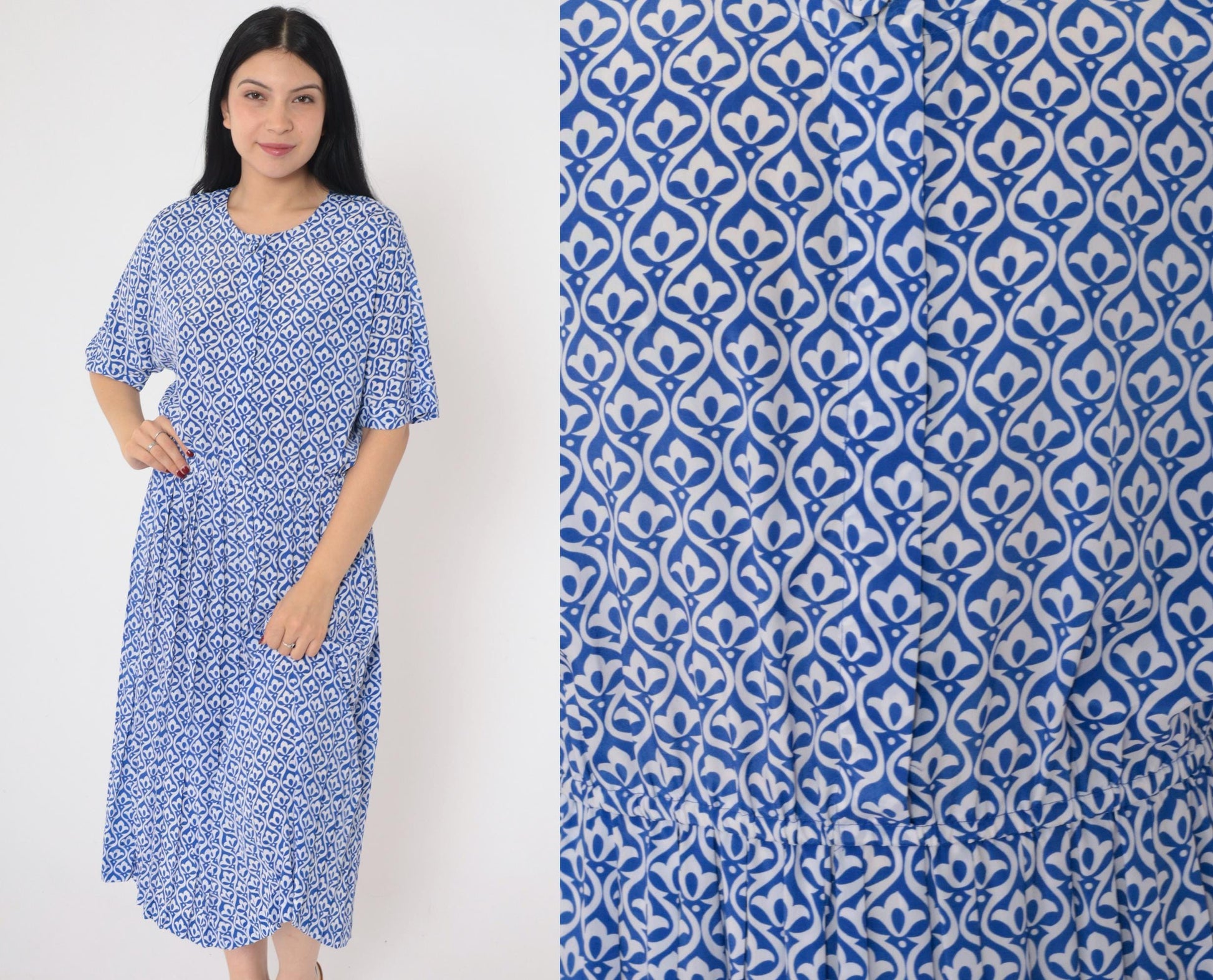 90s Talbots Petites Button-Up Shirtdress Blue Geometric Pleated Midi Small