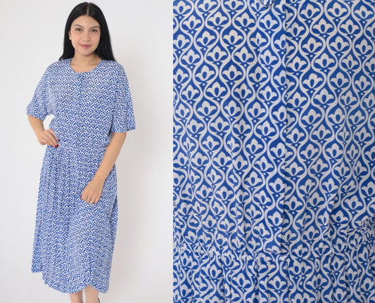 90s Talbots Petites Button-Up Shirtdress Blue Geometric Pleated Midi Small