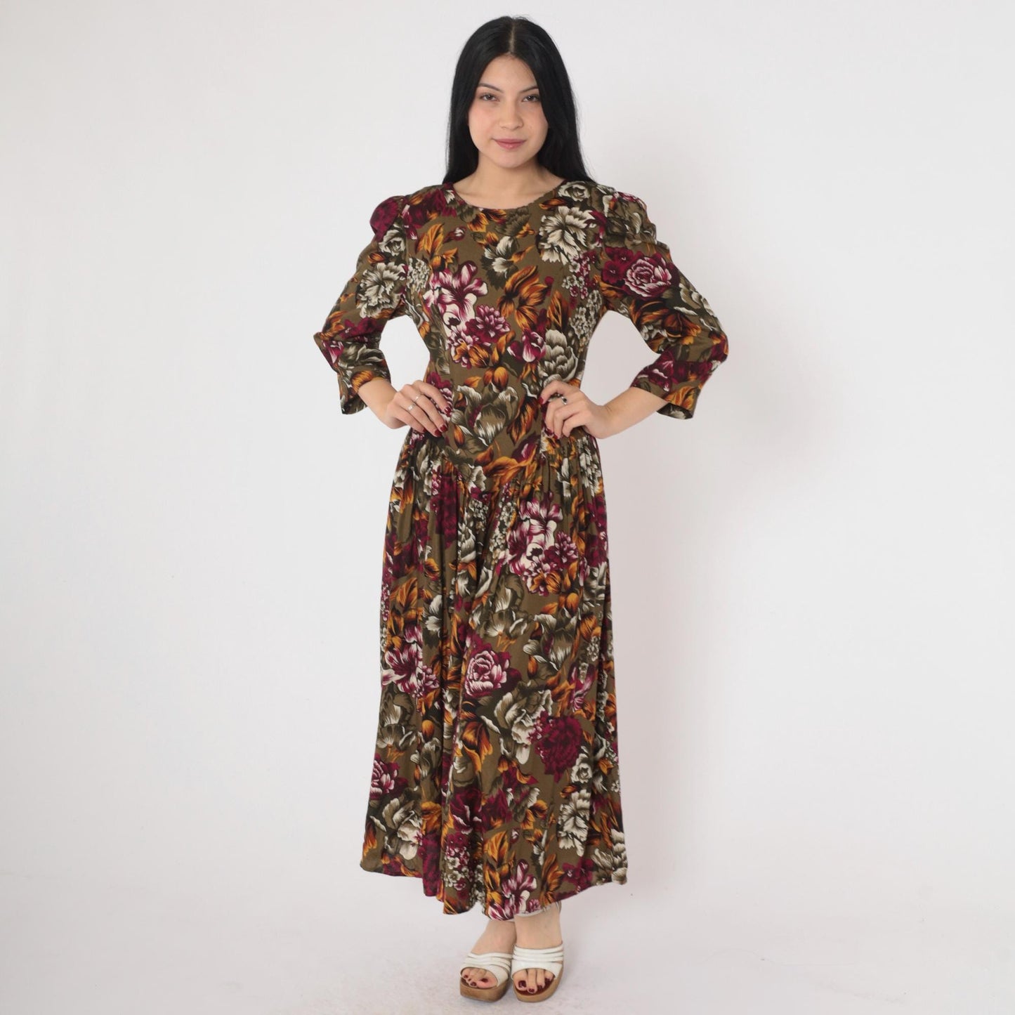 90s Olive Brown Floral Dress Puff Sleeve Basque Waist Ankle Length Medium