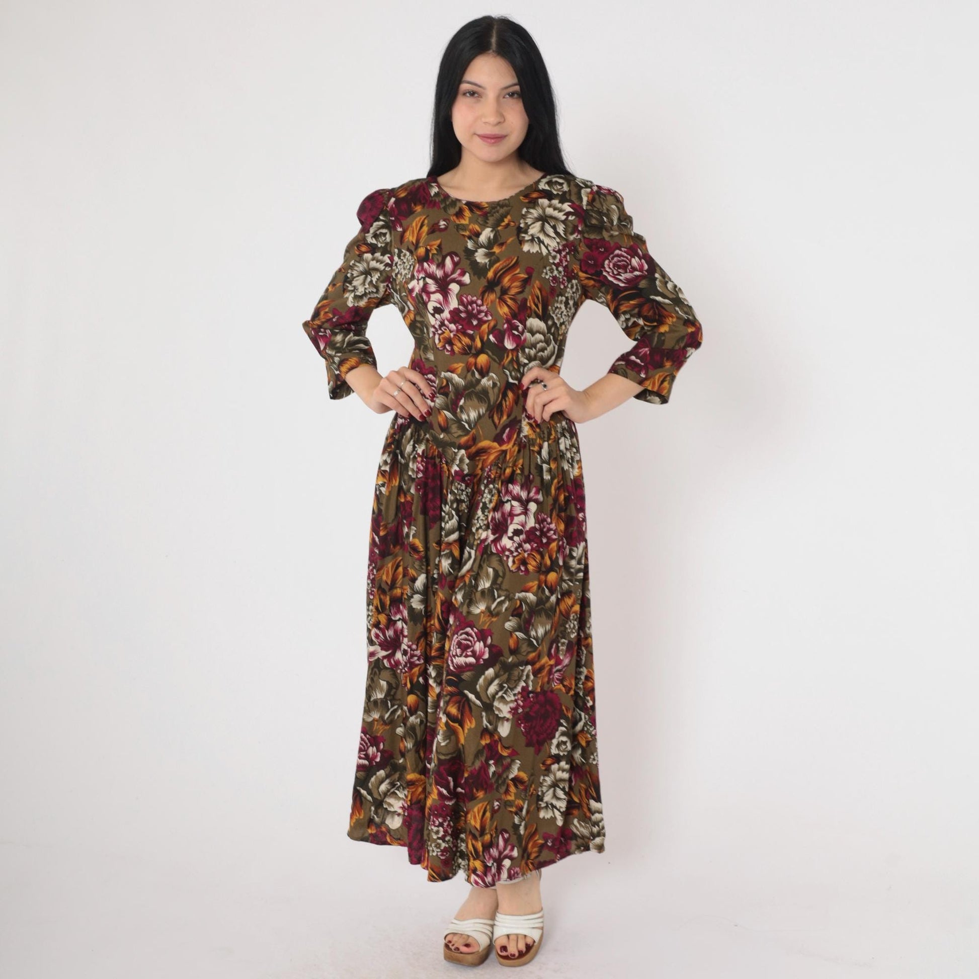 90s Olive Brown Floral Dress Puff Sleeve Basque Waist Ankle Length Medium