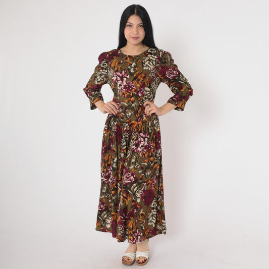 90s Olive Brown Floral Dress Puff Sleeve Basque Waist Ankle Length Medium