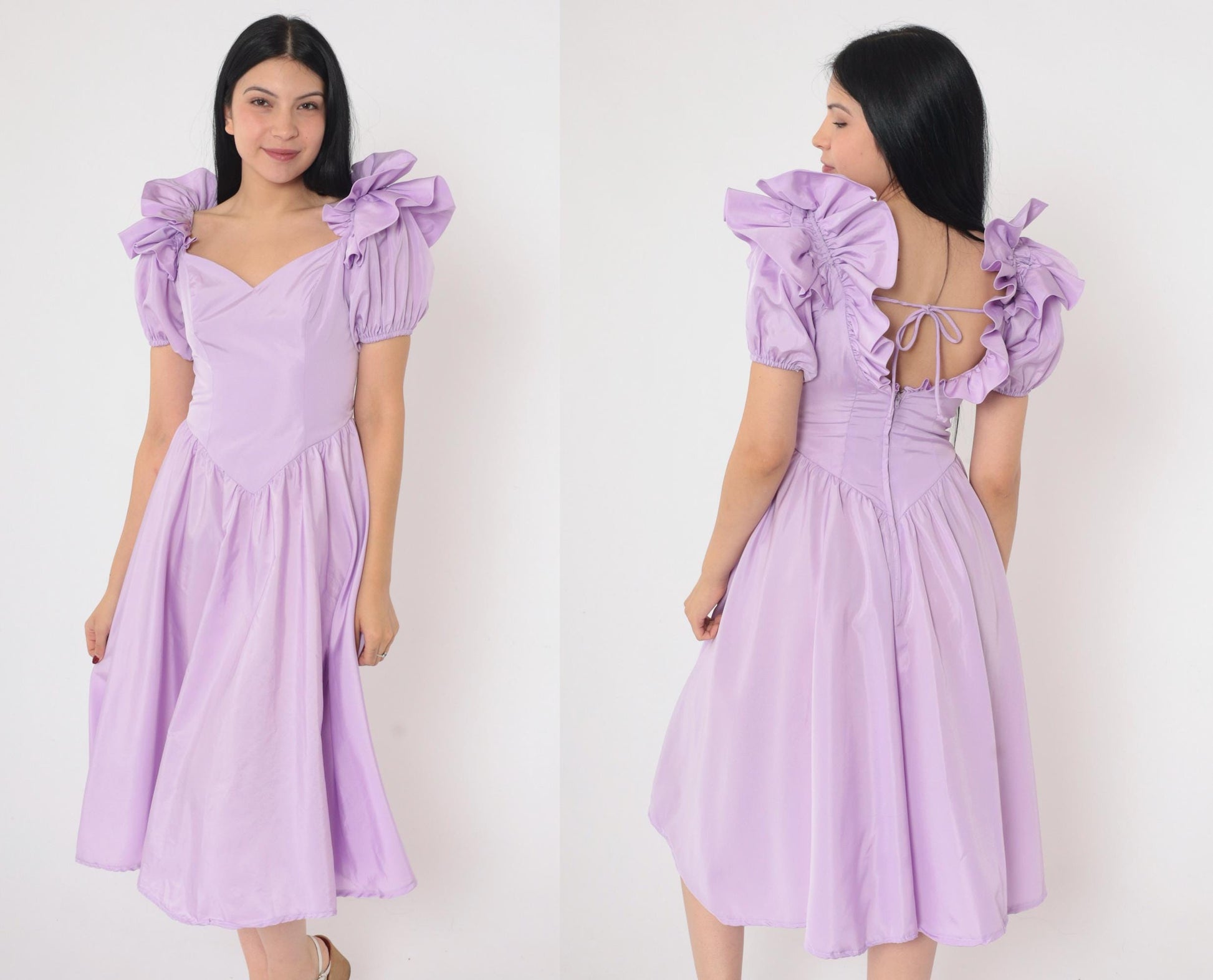 80s Lavender Puff Sleeve Ball Gown Sweetheart Neckline Basque Waist Small