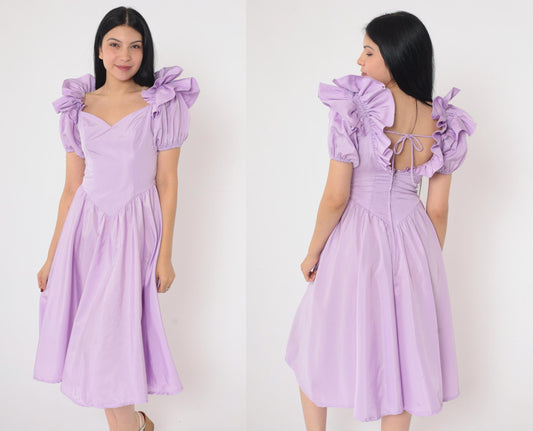 80s Lavender Puff Sleeve Ball Gown Sweetheart Neckline Basque Waist Small