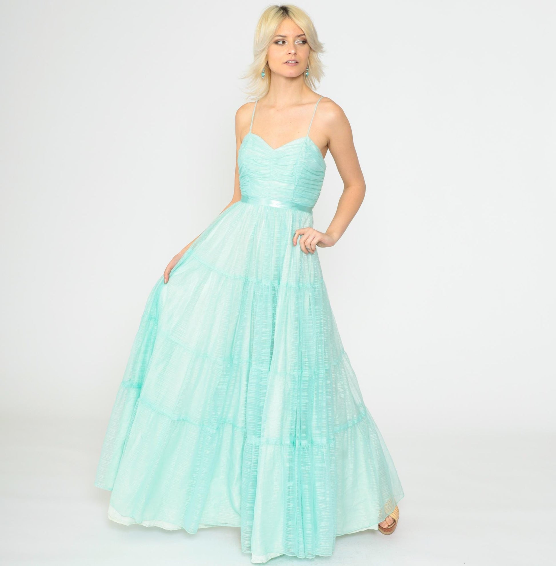 70s Aqua Maxi Dress Spaghetti Strap High Waist Floor Length Extra Small