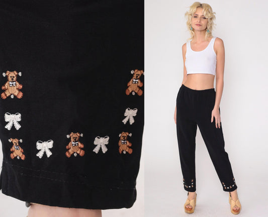 90s Black Tapered Pants Teddy Bears Bows High Waist Large L