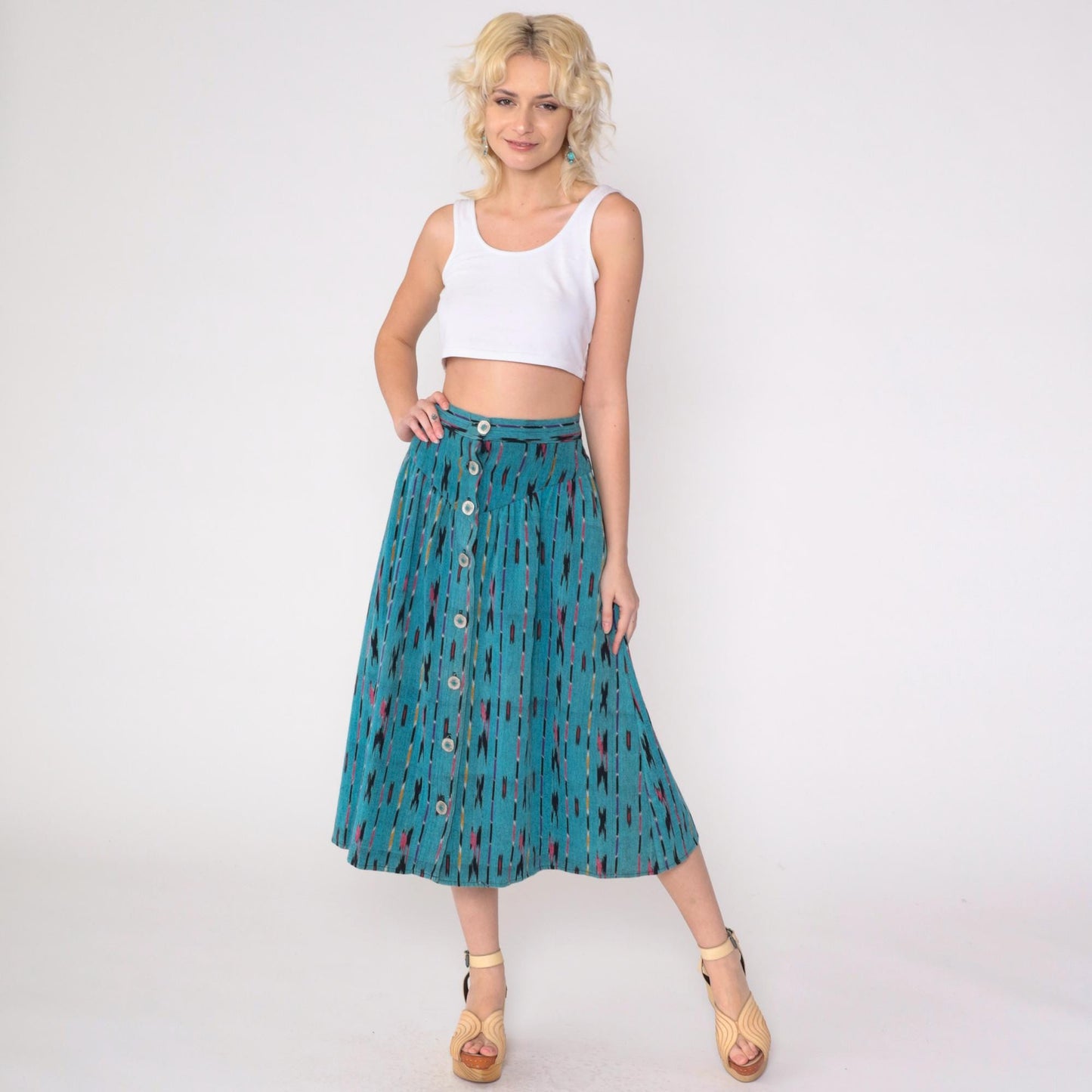 90s Teal Ikat Midi Skirt Button Front High Waist Southwestern Extra Small