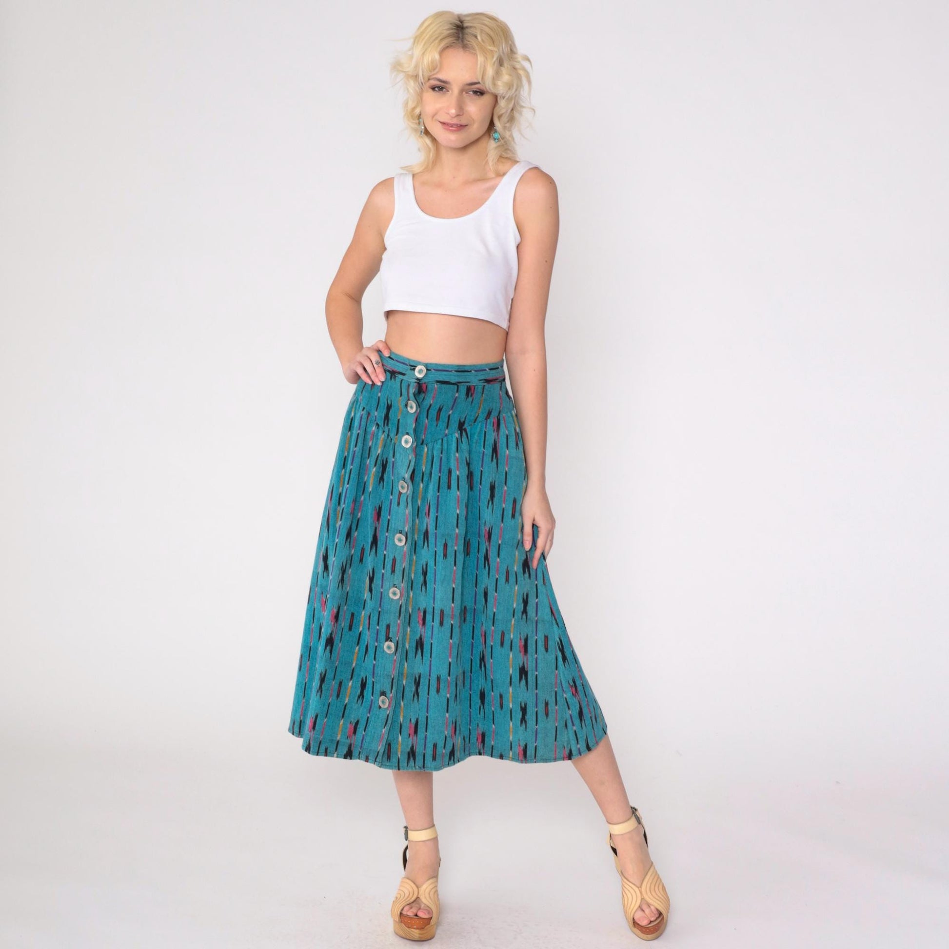 90s Teal Ikat Midi Skirt Button Front High Waist Southwestern Extra Small