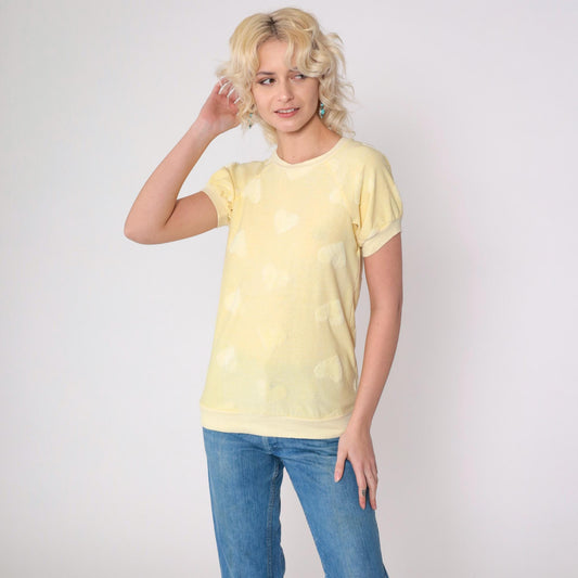 80s Terry Cloth Heart Shirt Light Yellow Raglan Crewneck XS